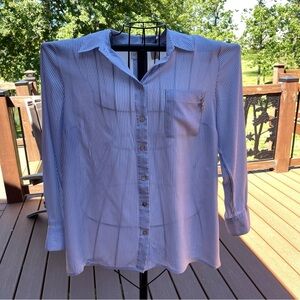 CHICOS Blue & White Striped Long Sleeve Shirt Blouse Size 1 ( 8/10 ) Long Tail